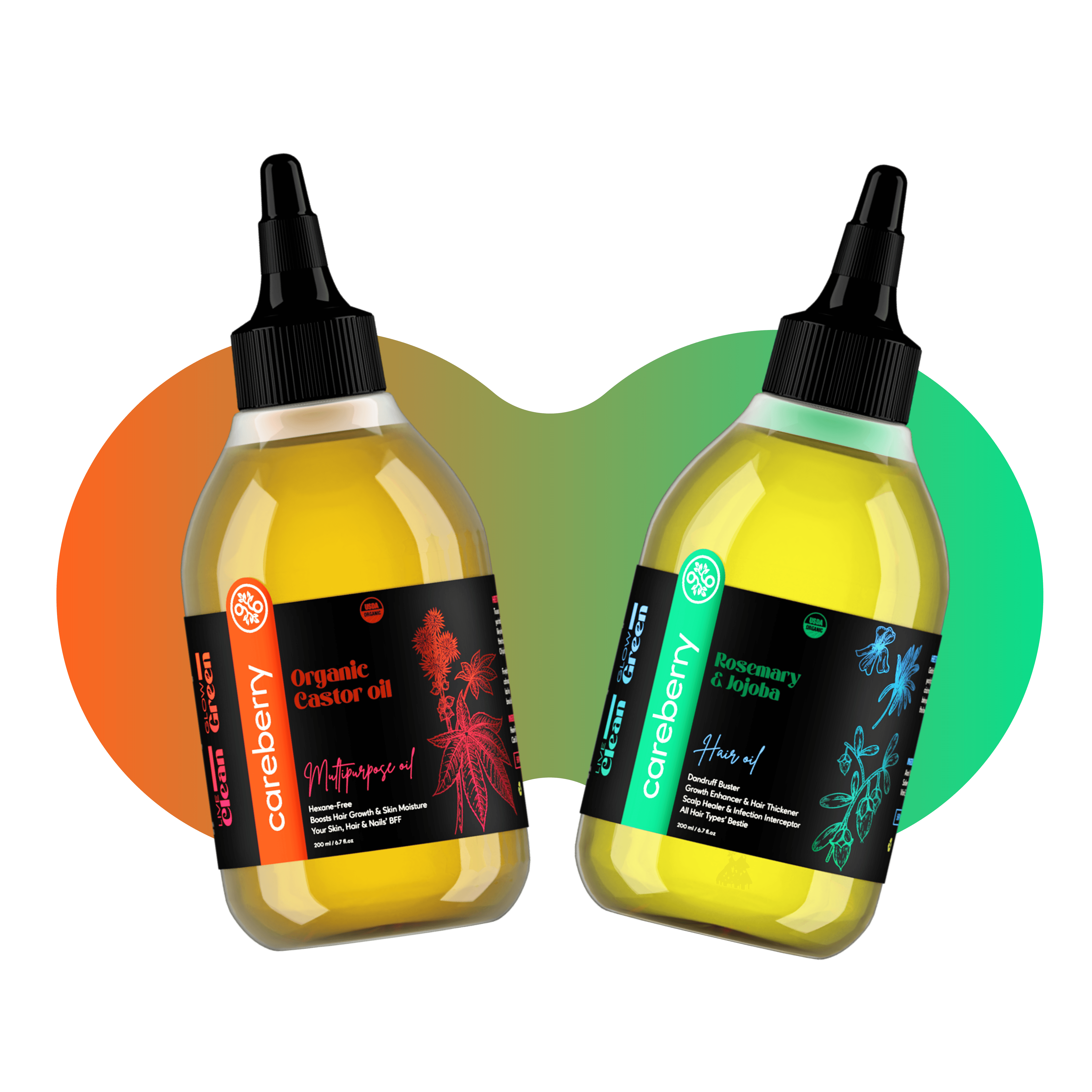 Organic Hair Growth Combo: Rosemary & Jojoba Hair Oil + Organic Castor Oil (200ml Each)