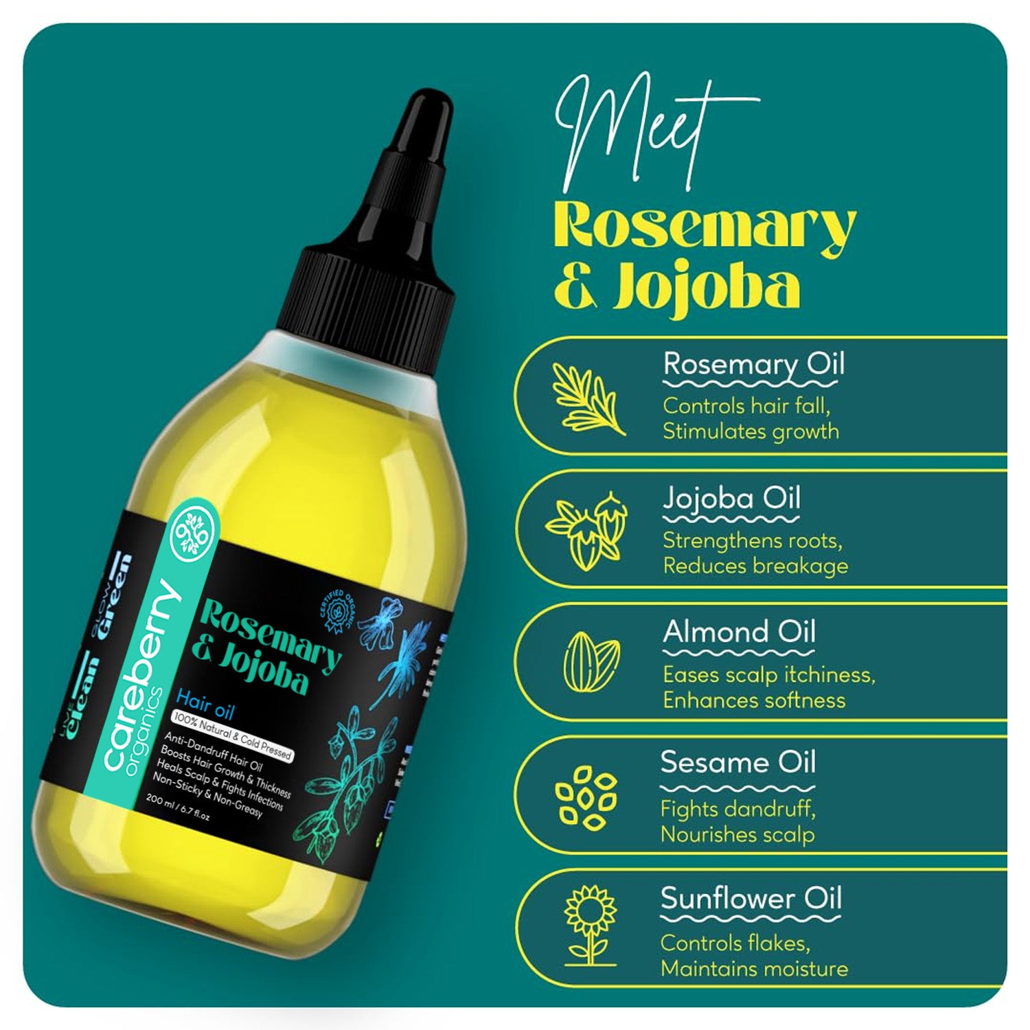 Organic Rosemary & Jojoba Anti Dandruff Hair Oil - 200ml